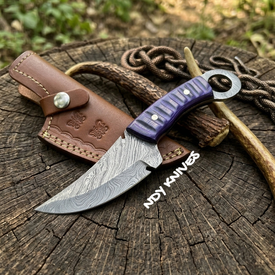 8" Hand-Forged Damascus Steel Skinning Knife – Full-Tang Fixed Blade Hunting Knife with Purple Pakkawood Grip & Genuine Leather Sheath
