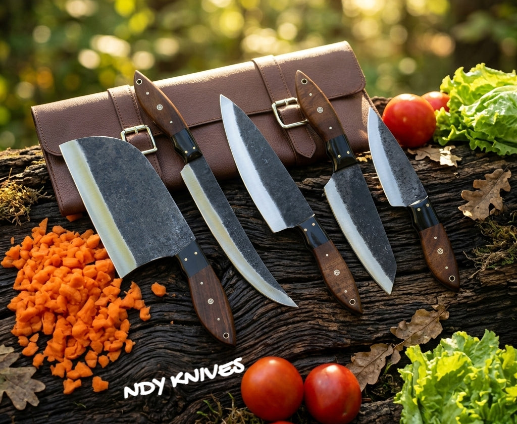 Professional 5-Piece High Carbon Chef Knife Set – Forged Kitchen Collection with Rosewood, Bull Horn & Mosaic Pins
