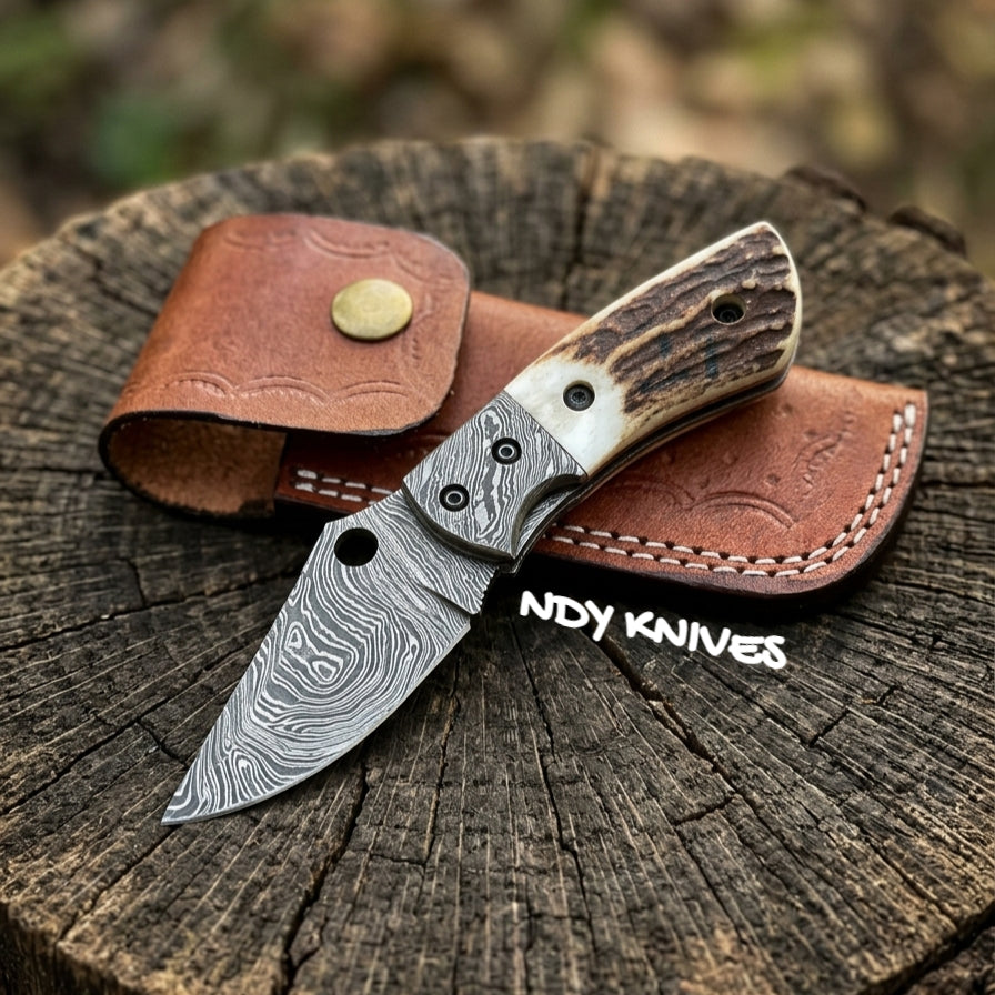 3" Hand-Forged Damascus Steel Folding Knife – Manual Pocket Knife with Damascus Bolster, Genuine Staghorn Handle & Leather Pouch