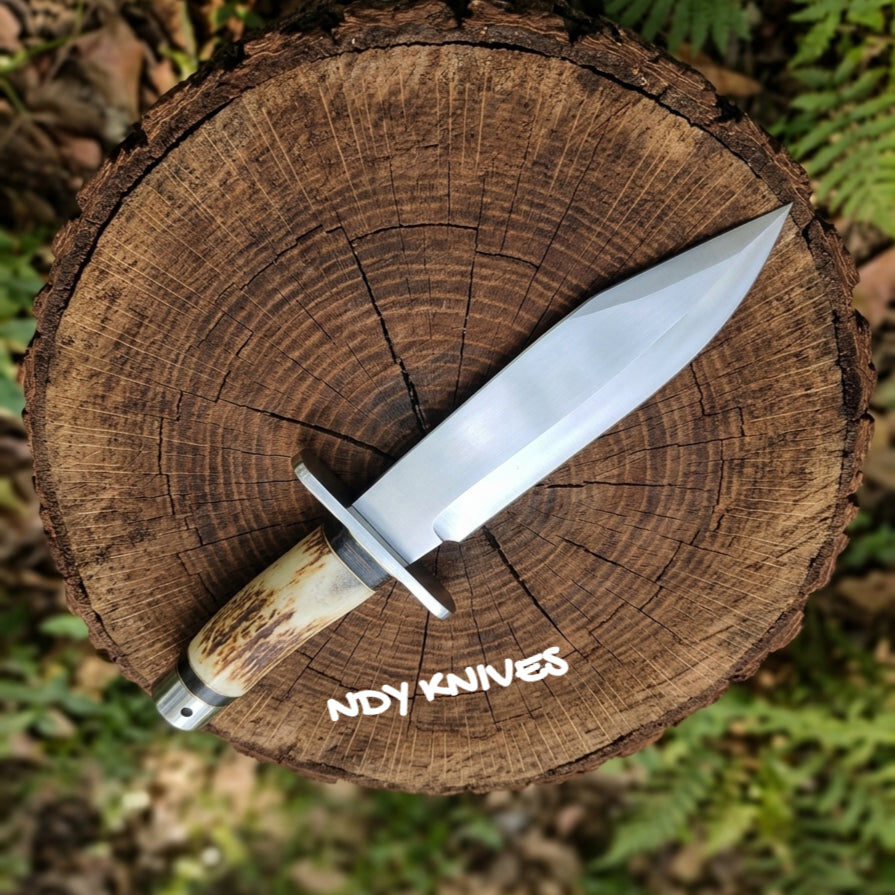 13.5" Stainless Steel Bowie Knife – Heavy-Duty Full-Tang Fixed Blade Camp Knife with Premium Staghorn Handle, Steel Guard & Genuine Leather Sheath