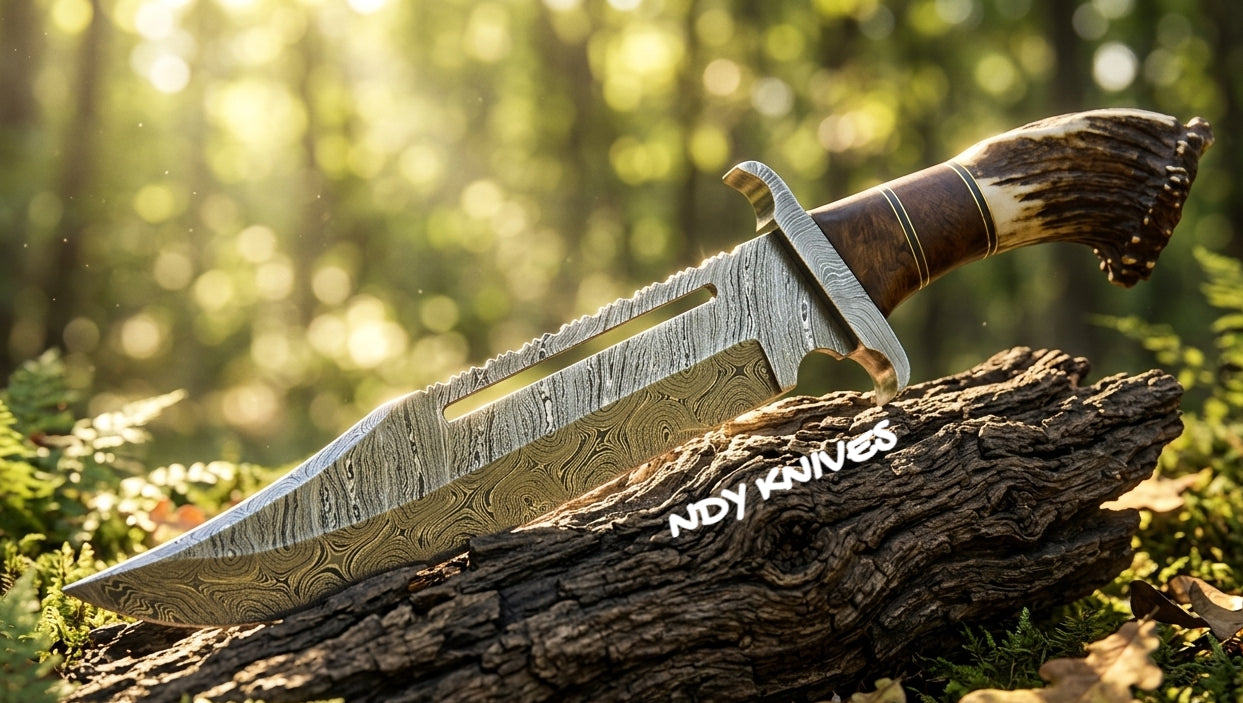 Handmade 16" Damascus Steel Bowie Knife – Authentic Antler Handle Fixed Blade with Leather Sheath