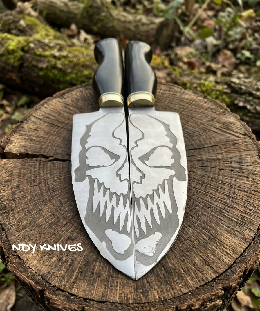 11" Twin Cleaver Set – J2 Stainless Steel Kitchen Slicers with Split-Skull Art