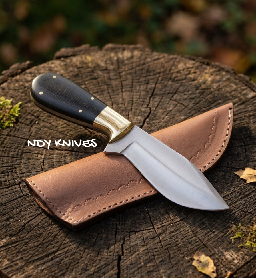 9" J2 Stainless Steel Hunting Knife – Fixed Blade Skinner Knife with Black Micarta Handle, Brass Bolster Guard & Genuine Leather Sheath