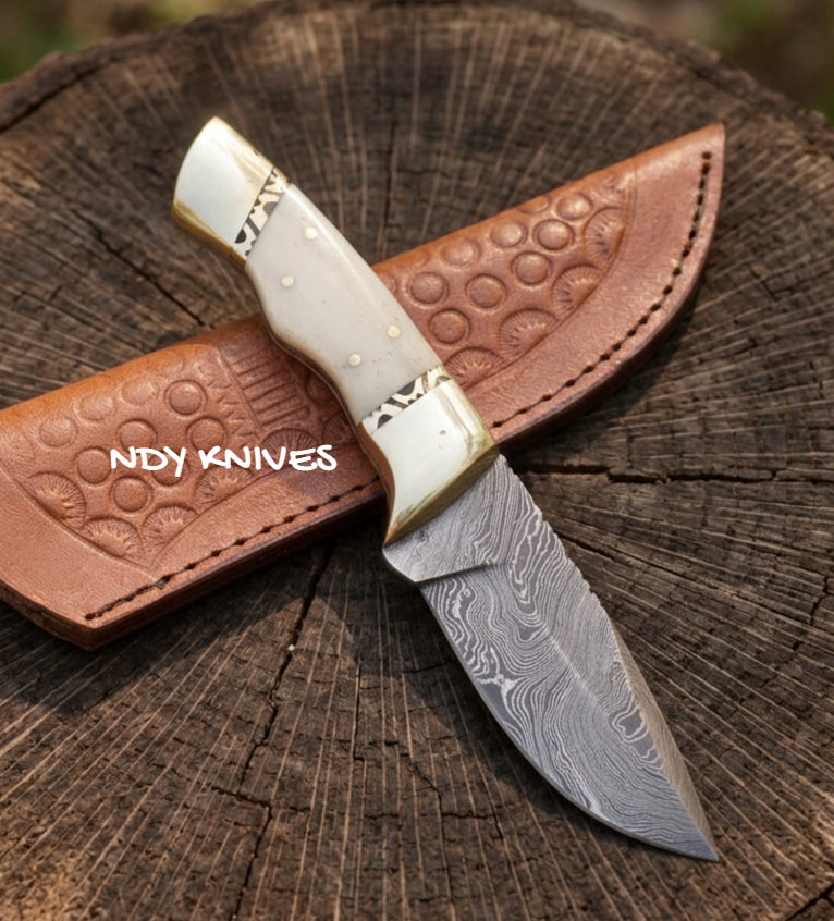8" Hand-Forged Damascus Steel Hunting Knife – Fixed Blade Skinner Knife with Camel Bone Handle, Dual Brass Bolsters & Genuine Leather Sheath