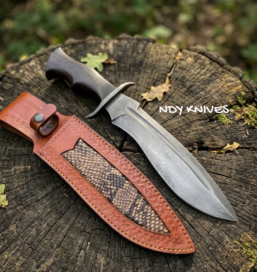 17" High-Carbon Steel Bowie Knife – Heavy-Duty Fixed Blade Camp Knife with Contoured Pakkawood Handle & Custom Leather Sheath