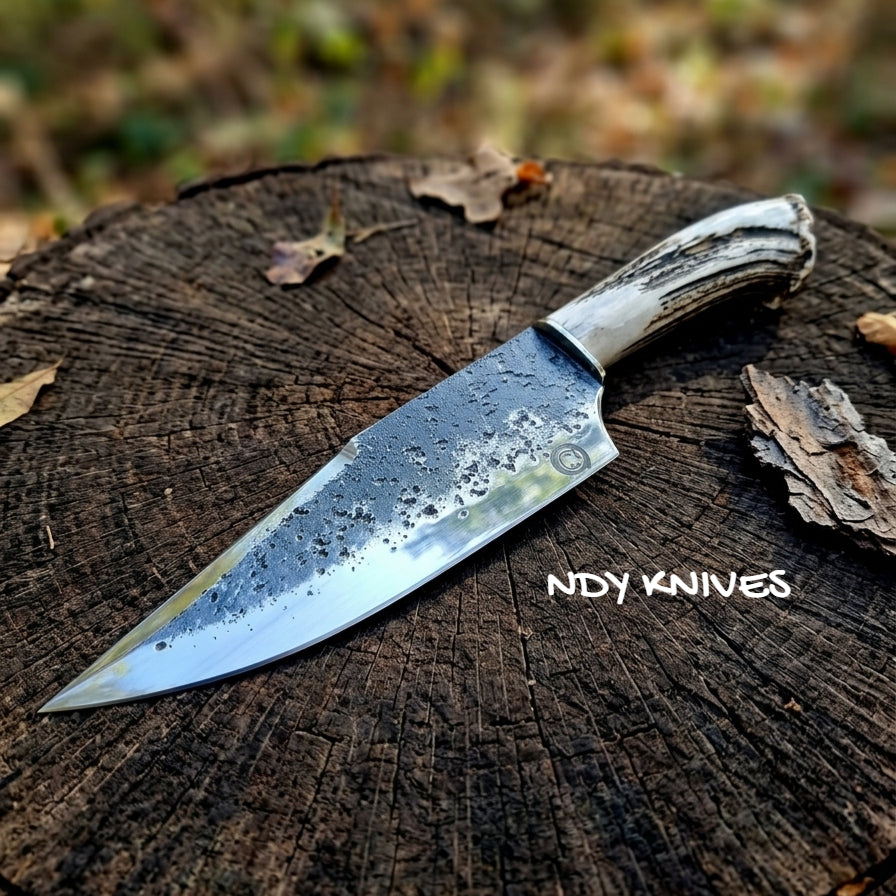 12" Hand-Forged High Carbon Steel Hunting Chef Knife – Professional Field Dressing & Camp Kitchen Tool with Authentic Stag Horn Handle
