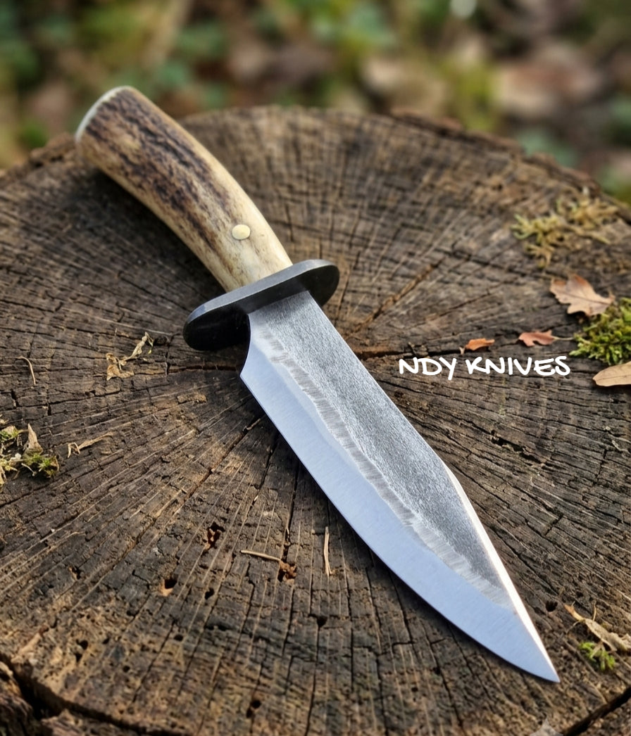 12.5" High-Carbon Steel Bowie Knife – Heavy-Duty Fixed Blade Hunting Knife with Authentic Stag Horn Handle & Matte Finger Guard