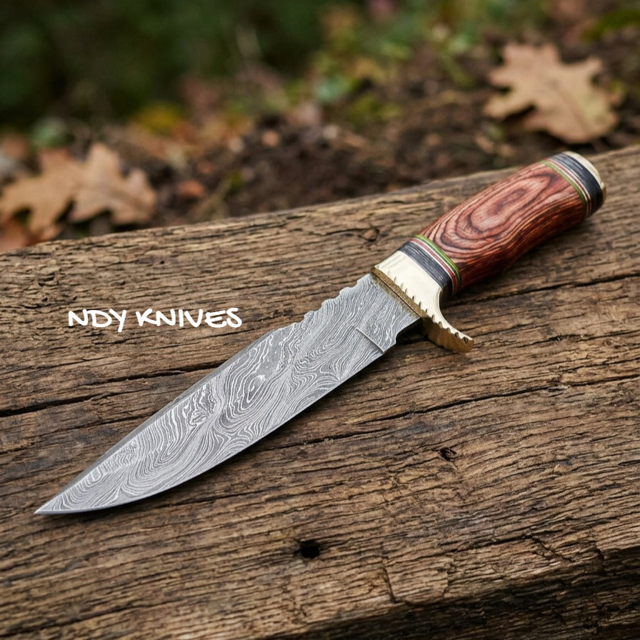 13" Damascus Steel Bowie Knife – Fixed Blade Camp Knife with Pakkawood Handle
