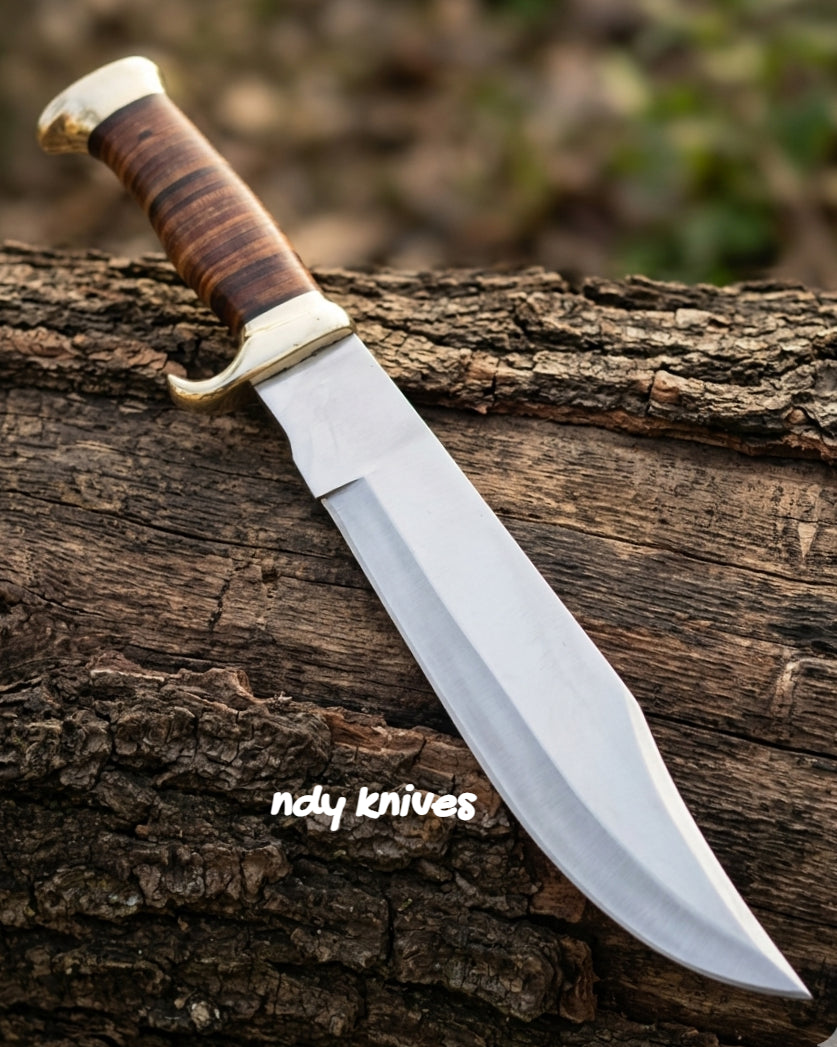 16" Grand Bowie Knife – D2 Tool Steel Full-Tang Blade with Classic Stacked Leather Handle & Genuine Leather Sheath