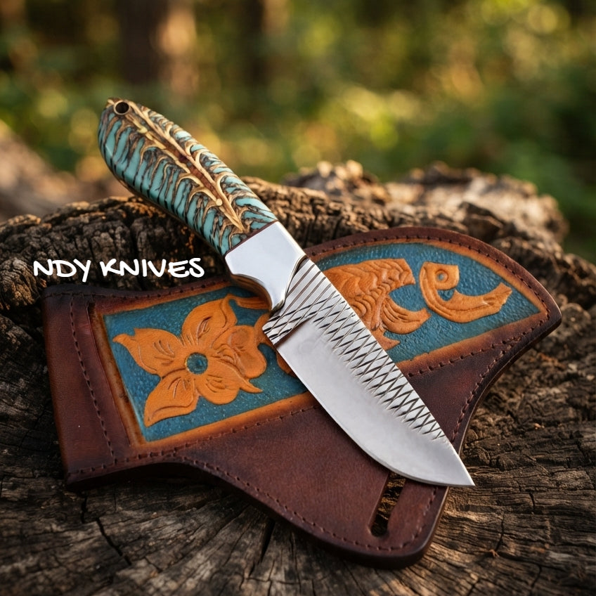 7.5" Rasp Steel Cowboy Knife – Fixed Blade Outdoor Tool with Pinecone Resin Handle