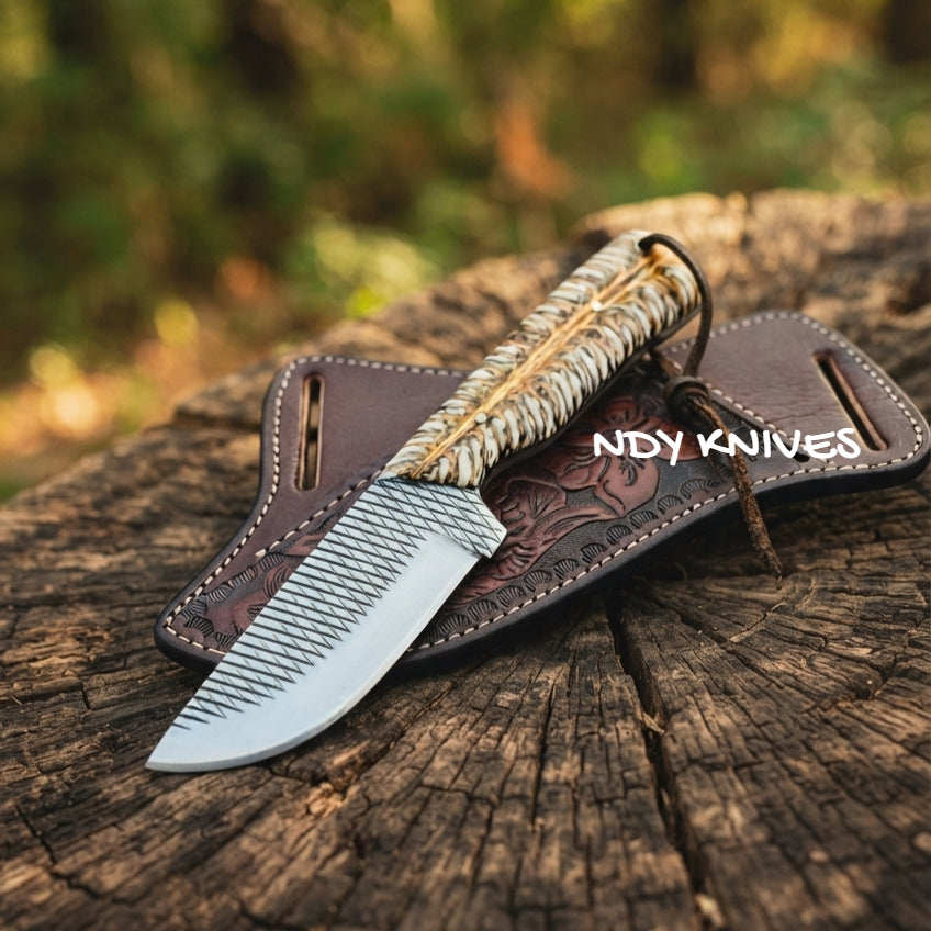 7.5" Rasp Steel Cowboy Knife – Fixed Blade Pinecone Resin Handle
