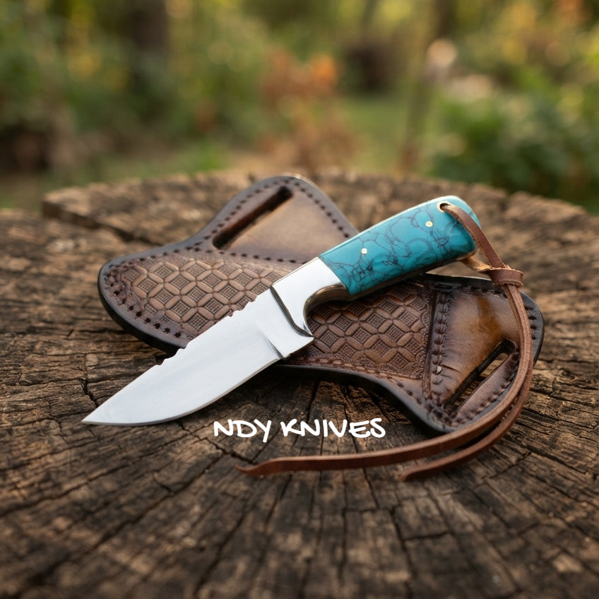 7.5" J2 Steel Cowboy Skinner – Fixed Blade Tool Turquoise Stone Handle