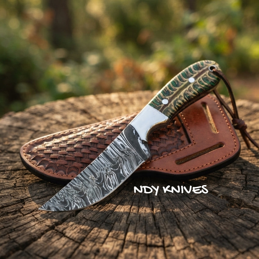 7.5" Damascus Steel Cowboy Knife – Fixed Blade Outdoor Tool Green Pinecone Resin