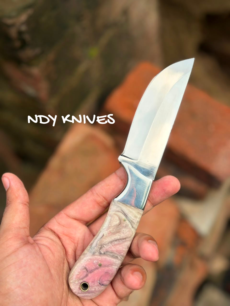8" J2 Stainless Steel Skinner Knife with Pink & Pearl Swirl Resin Handle