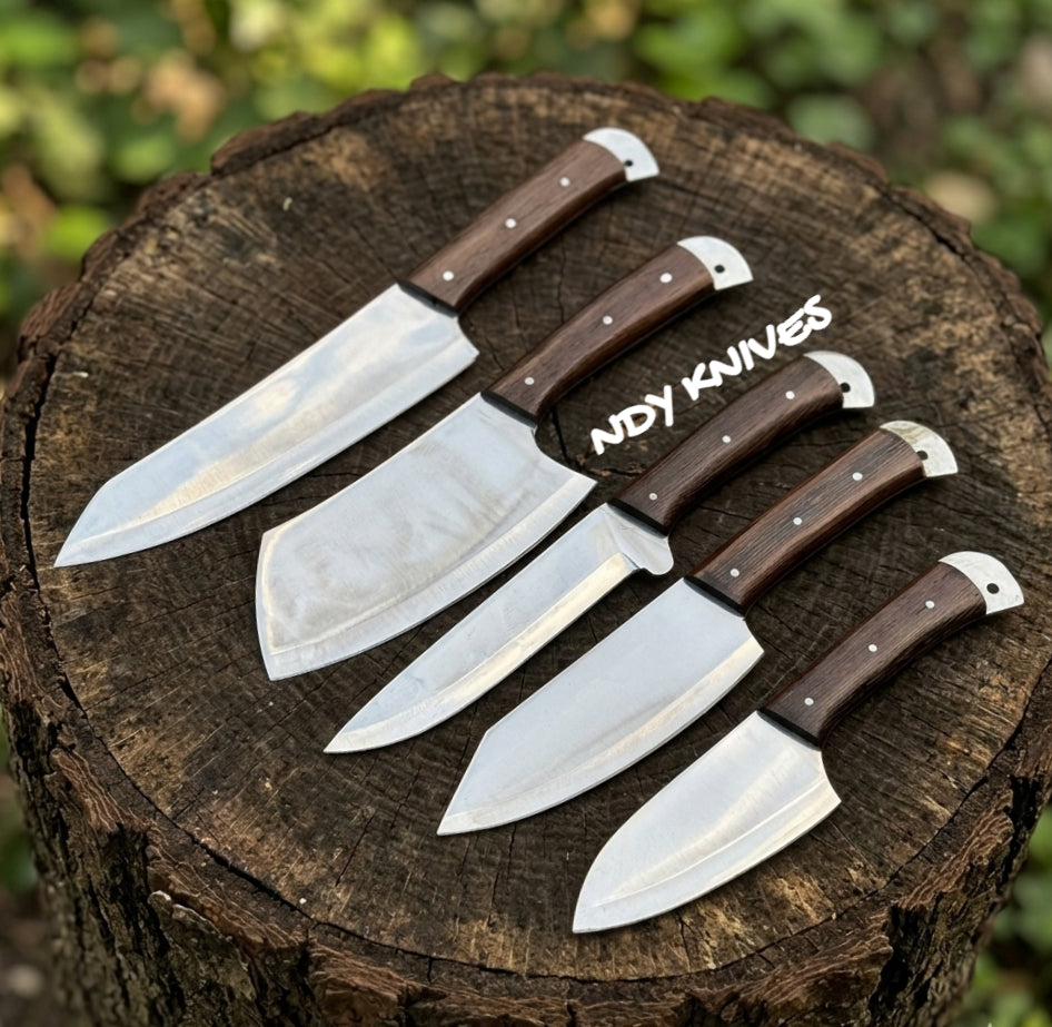 Professional 5-Piece J2 Stainless Steel Chef Knife Set – Forged Kitchen Collection with Premium Walnut Wood Handles