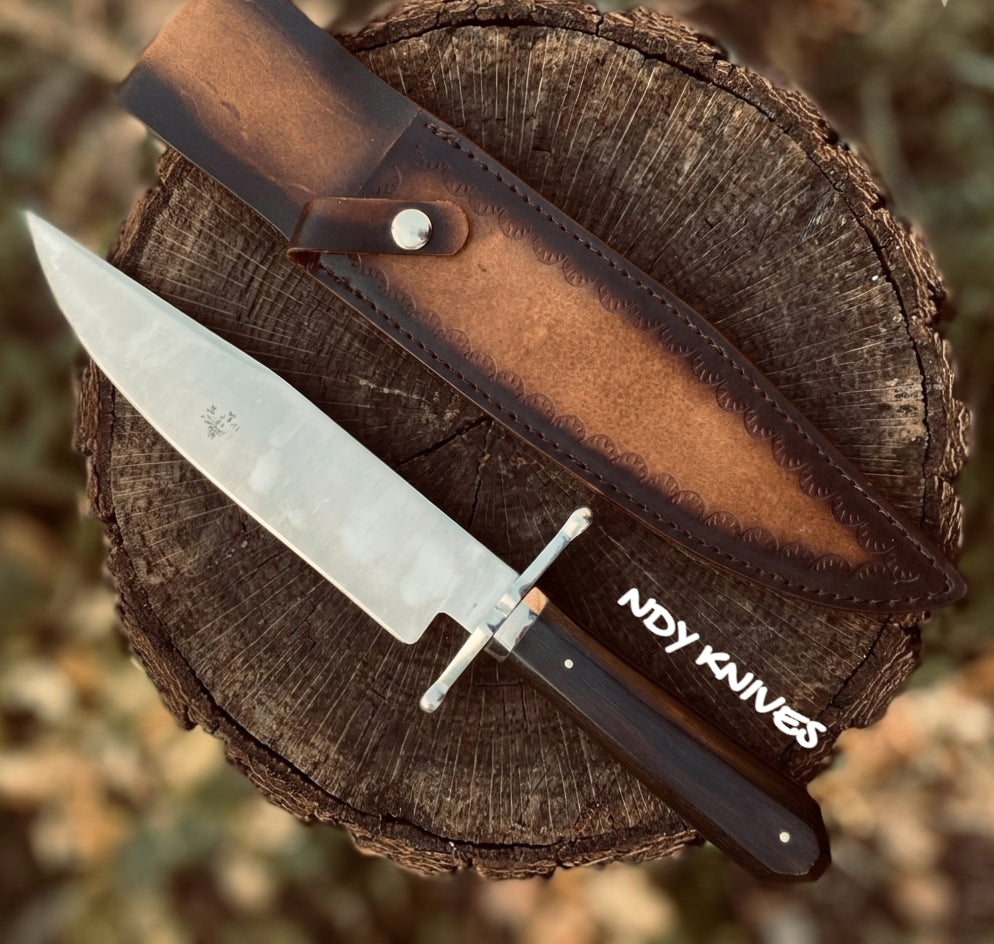 Classic J2 Stainless Steel Bowie Knife – Large Fixed Blade with Exotic Rosewood Handle & Leather Sheath
