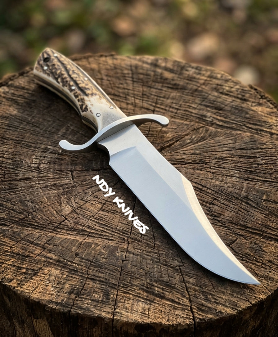 Heavy-Duty D2 Steel Bowie Knife – Full Tang Fixed Blade with Authentic Antler Handle & Leather Sheath