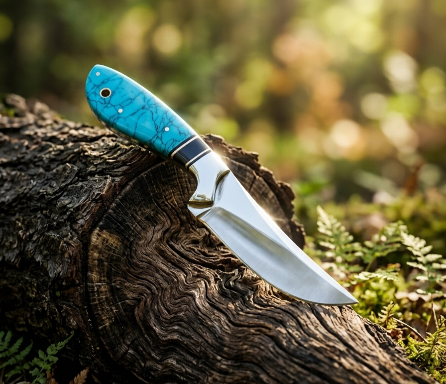 Handcrafted Turquoise Stone Handle Field Knife – Premium Fixed Blade Collector’s Tool with Leather Sheath