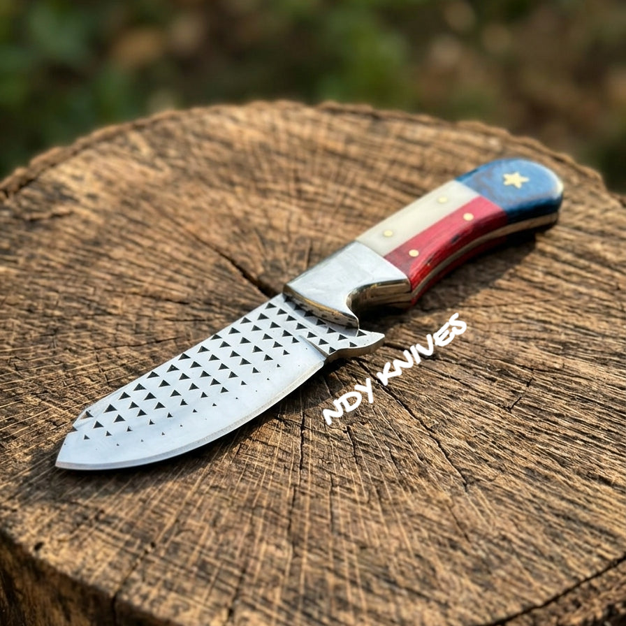 Custom Hand-Forged Rasp File Hunting Knife – Full Tang Fixed Blade with "Texas Edition" Multi-Color Handle & Leather Sheath
