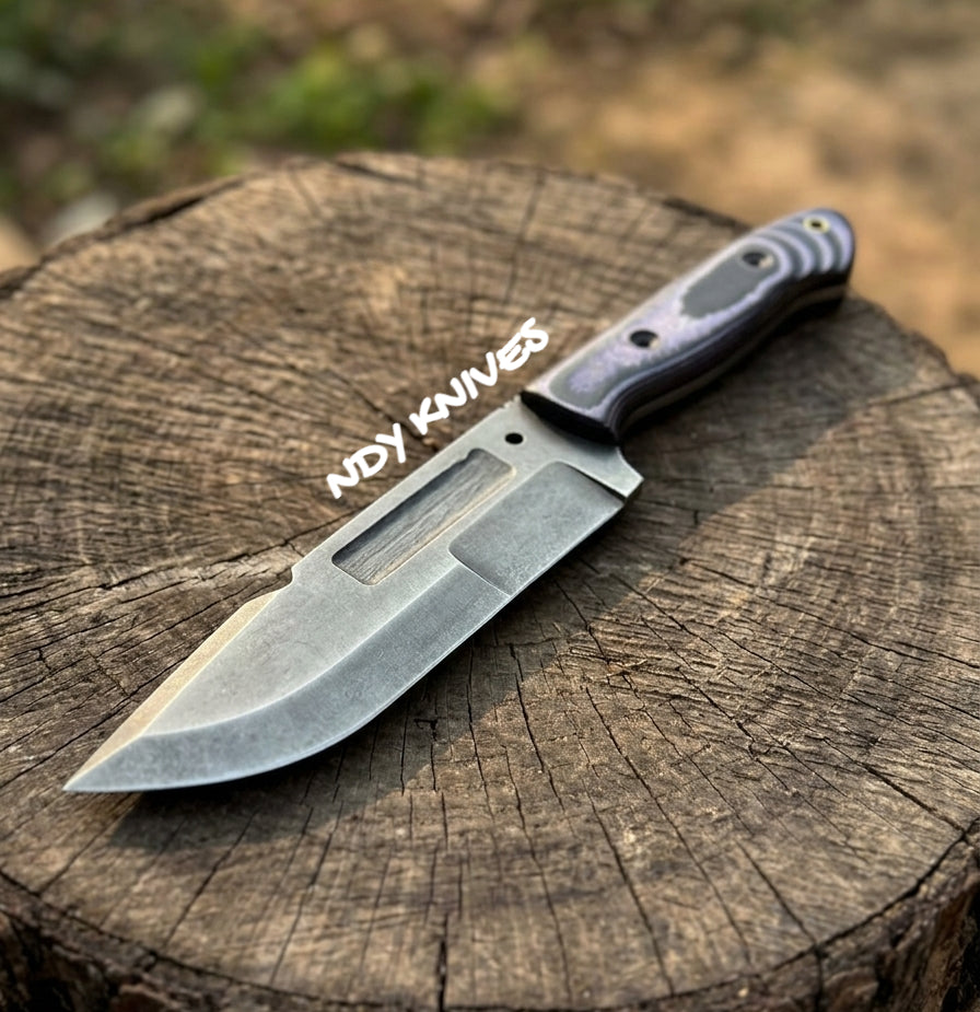 Acid Patina High Carbon Hunting Knife – Full Tang Fixed Blade with High-Traction Micarta Handle & Leather Sheath