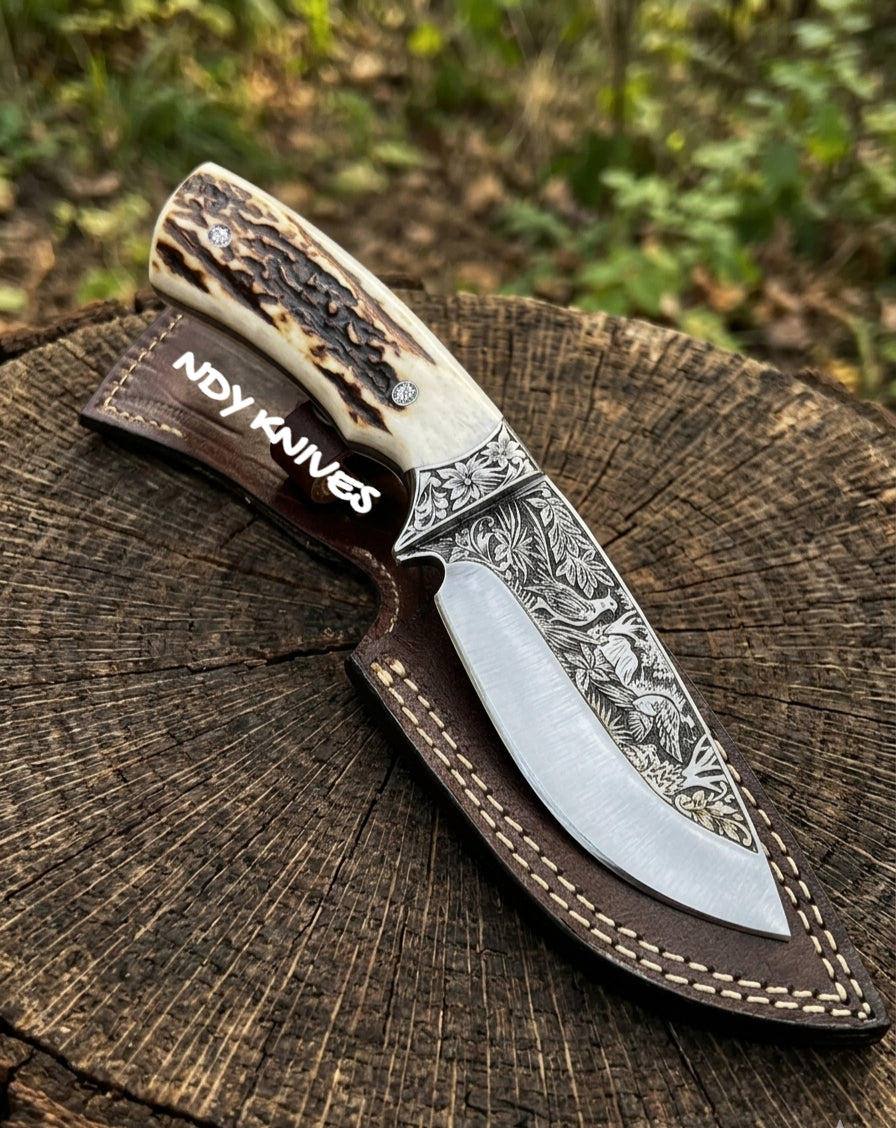 8.5" Hand-Engraved J2 Stainless Hunting Skinner – Dual-Purpose Fixed Blade with Authentic Stag Handle & Leather Sheath