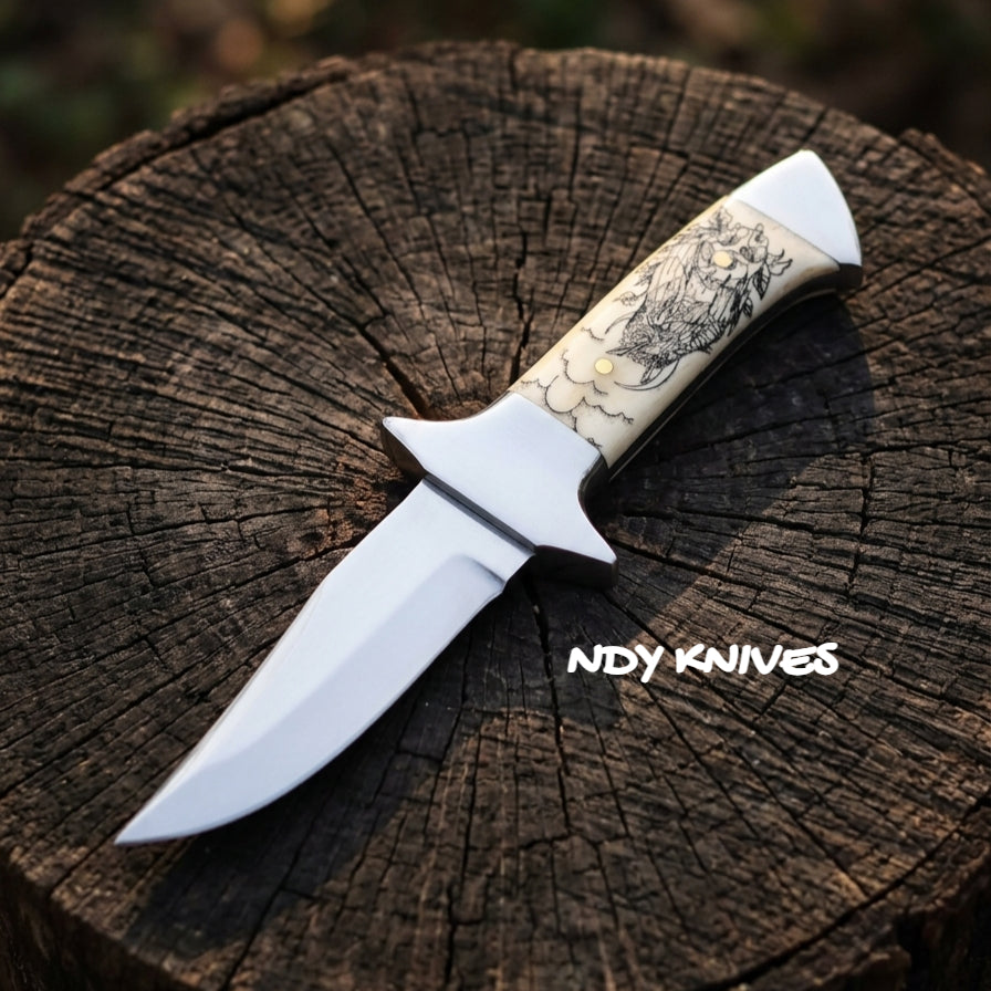 9" J2 Stainless Steel Hunting Knife – Full-Tang Fixed Blade with Premium Hand-Engraved Custom Bone Handle