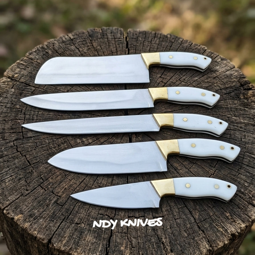 Premium 5-Piece J2 Stainless Steel Kitchen Knife Set – Chef Knife Collection with Alpine White Handles & Polished Brass Bolsters
