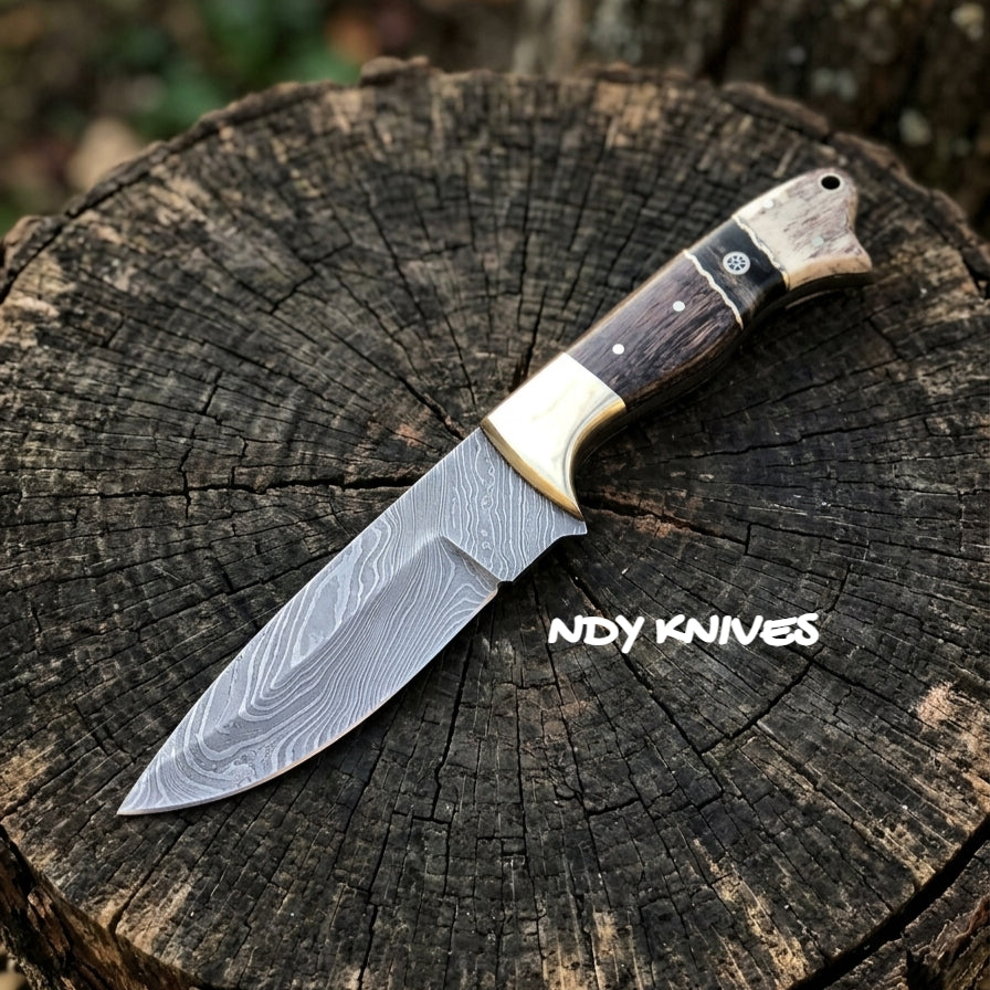 9" Premium Hand-Forged Damascus Steel Skinner – Full-Tang Fixed Blade Hunting Knife with Hybrid Pakkawood & Authentic Bone Handle