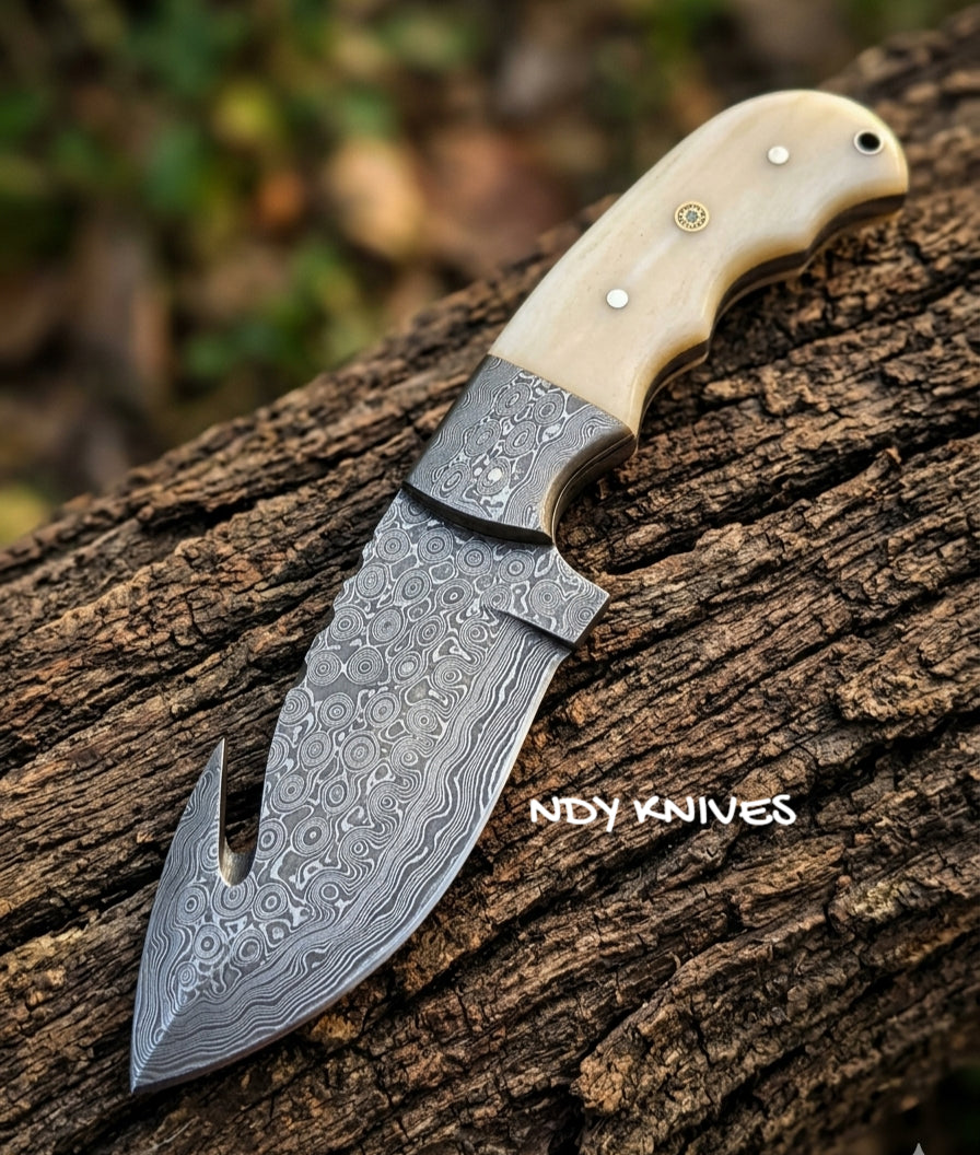 8" Hand-Forged Damascus Steel Guthook Skinner Knife – Full-Tang Hunting Blade with Authentic Camel Bone Handle & Matching Damascus Bolsters