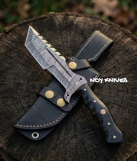 10" Hand-Forged Damascus Steel Tracker Knife – Full-Tang Fixed Blade Camp Tanto Knife with Premium Black Micarta Handle, Mosaic Pin & Genuine Leather Sheath