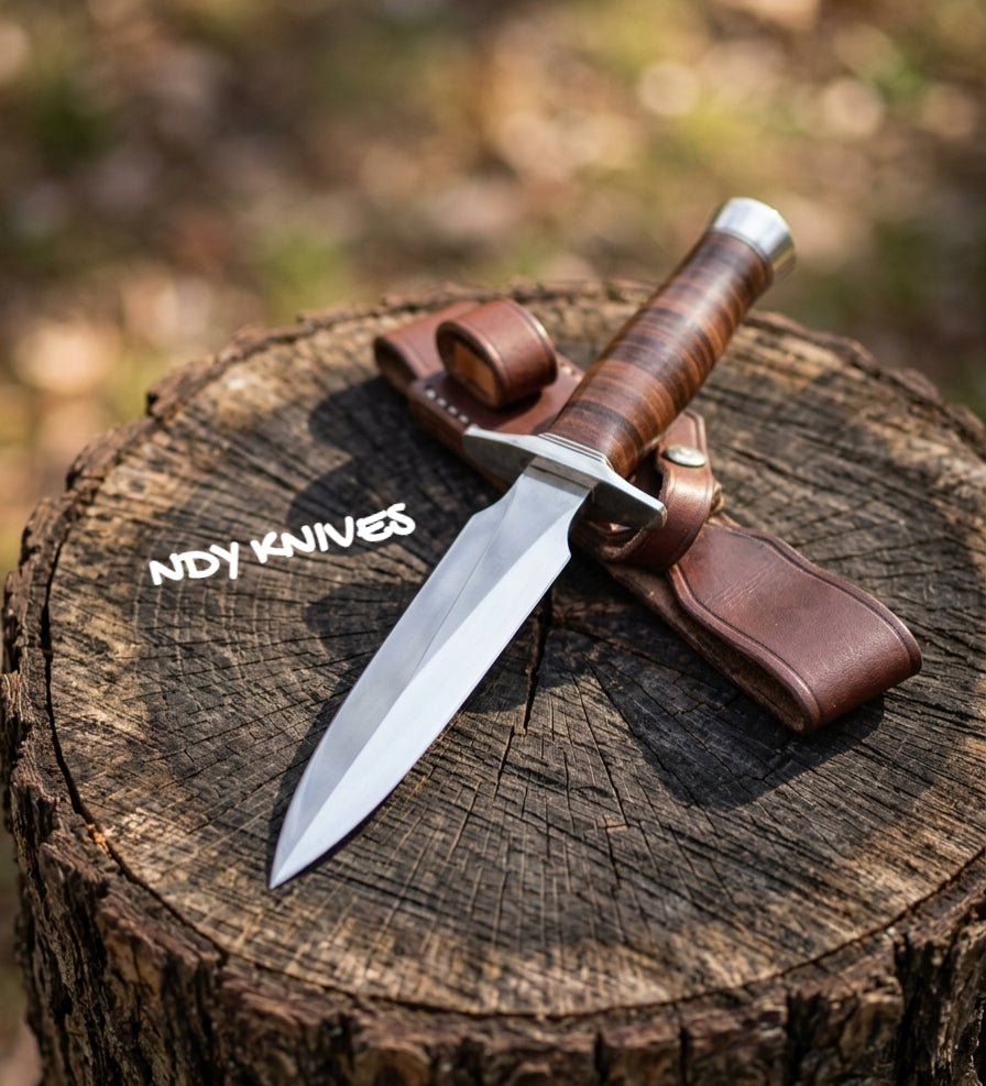 12" Stainless Steel Presentation Knife – Traditional Full-Symmetry Double-Edged Collectible Tool with Stacked Leather Handle & Genuine Leather Sheath