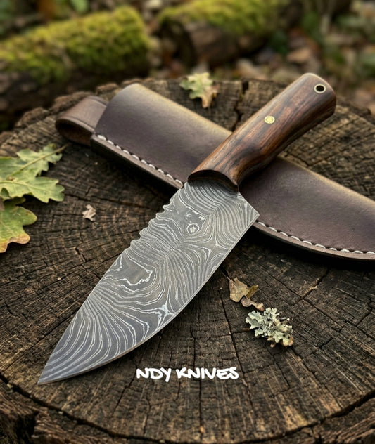11" Hand-Forged Damascus Steel Camp Kitchen Knife – Full-Tang Fixed Blade Field Chef Knife with Walnut Wood Handle, Mosaic Pin & Genuine Leather Sheath