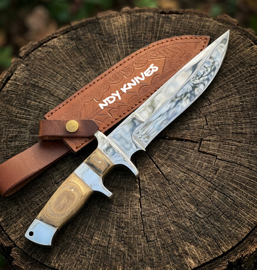 12" Stainless Steel Bowie Knife – Premium Full-Tang Fixed Blade Camp Knife with Double Steel Guard, Natural Hardwood Handle & Genuine Leather Sheath