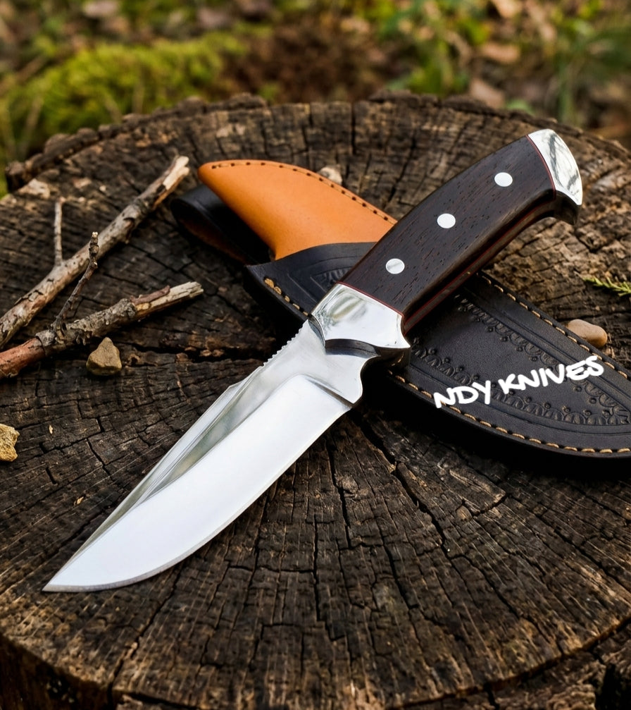 9.5" Stainless Steel Hunting Knife – Full-Tang Fixed Blade Camp Knife with Walnut Wood Handle, Steel Bolsters & Genuine Leather Sheath