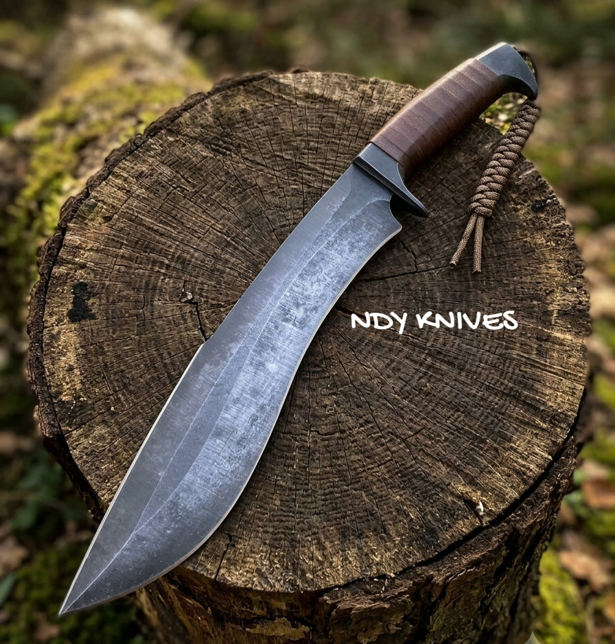 18" High-Carbon Steel Bowie Knife – Heavy-Duty Fixed Blade Camp Knife with Leather Wrapped Handle & Paracord Lanyard