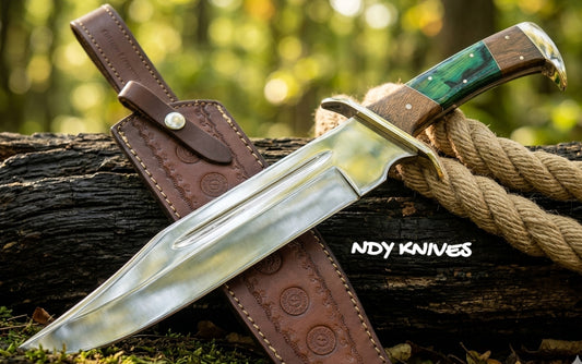 Classic 15" J2 Stainless Steel Bowie Knife – Polished Fixed Blade with Ergonomic Wood Handle & Leather Sheath