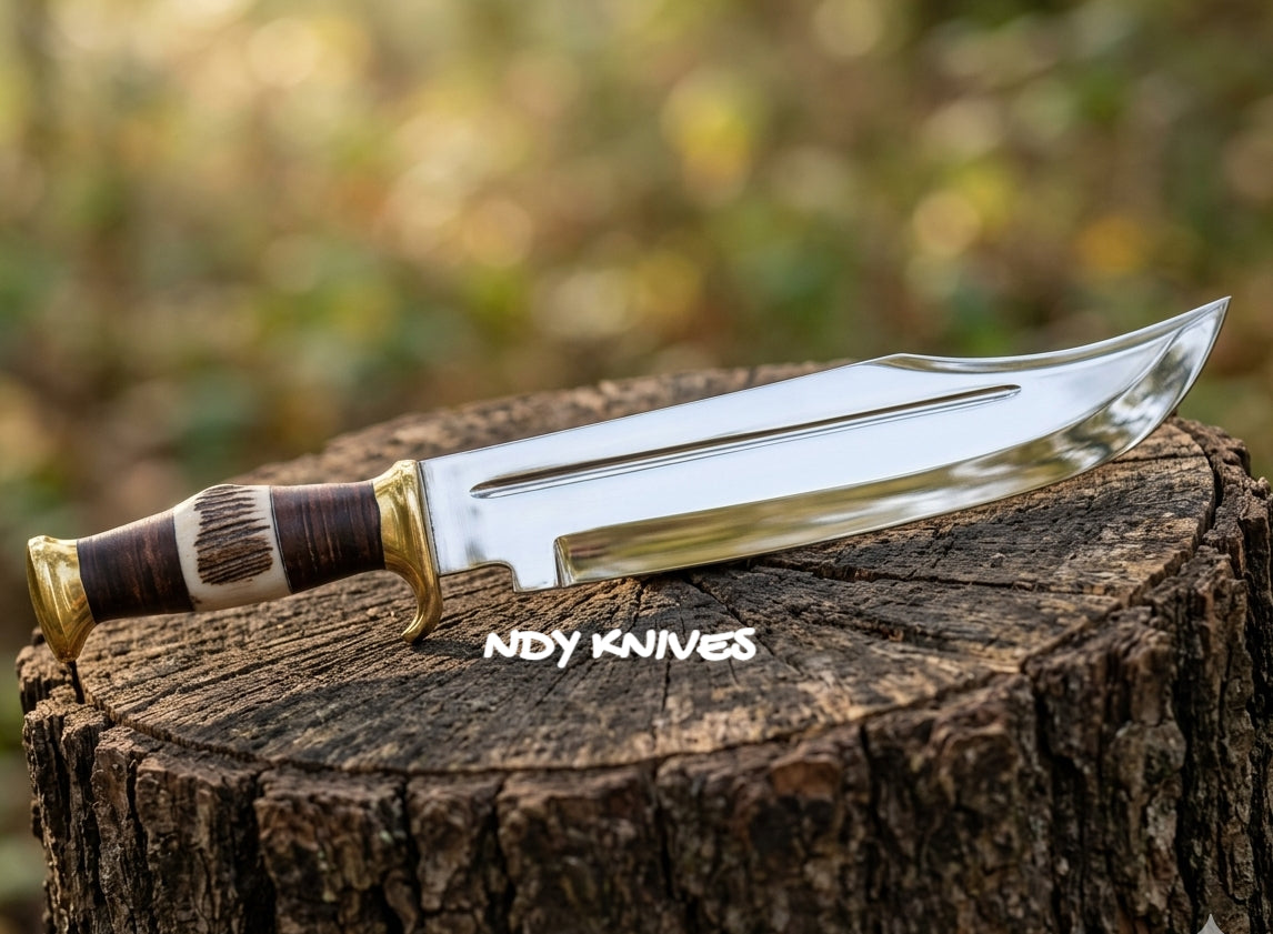 17" Exhibition Grand Bowie – J2 Stainless Steel Mirror-Polished Blade with Stacked Leather & Authentic Stag Horn Handle