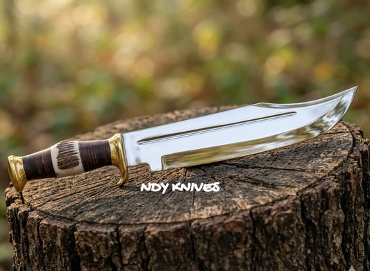 17" Exhibition Grand Bowie – J2 Stainless Steel Mirror-Polished Blade with Stacked Leather & Authentic Stag Horn Handle