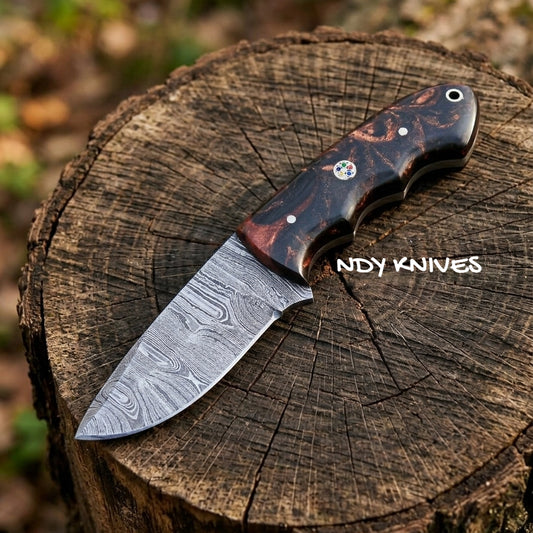 7" Damascus Steel Skinning Knife – Fixed Blade Skinner with Nebula Resin Handle