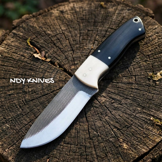 8" Rasp File Steel Skinning Knife – Fixed Blade Skinner with Horn & Bone Handle