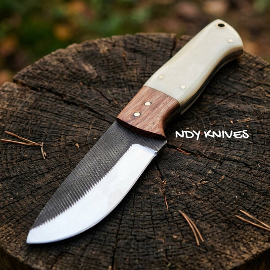 8" Rasp File Steel Skinning Knife – Fixed Blade Skinner with Bone & Rosewood Handle
