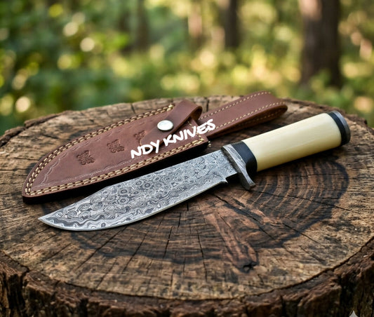 13" Grand Damascus Steel Bowie Knife – Full-Tang Clip-Point Blade with Premium Bone & Bull Horn Handle