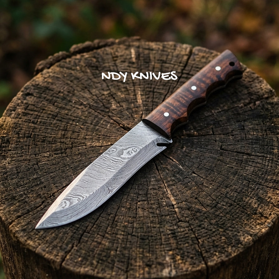 10" Damascus Steel Hunting Knife – Full Tang Fixed Blade with Rosewood Handle