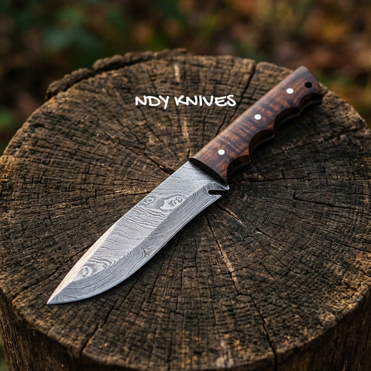 10" Damascus Steel Hunting Knife – Full Tang Fixed Blade with Rosewood Handle