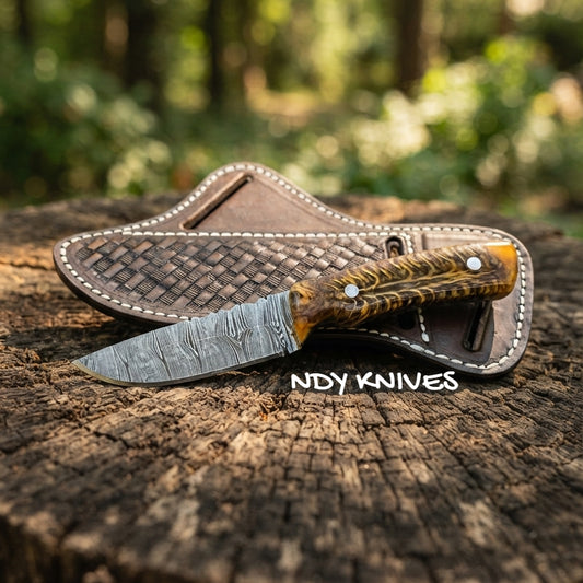 8" Damascus Steel Skinning Knife – Fixed Blade Skinner with Pinecone Resin Handle