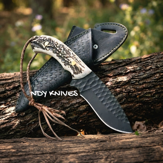 9" Black Powder Coated Hunting Knife – Forged Skinner with Stag Horn Handle
