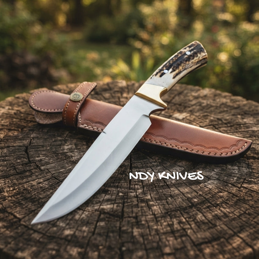 13" D2 Steel Bushcraft Bowie Knife – Fixed Blade Camp Slicer with Stag Handle