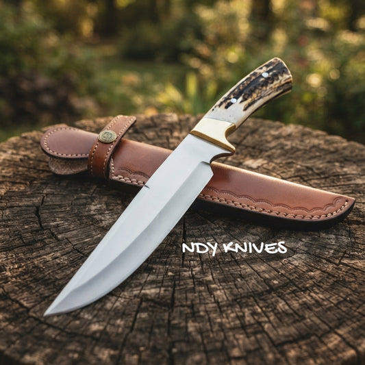 13" D2 Steel Bushcraft Bowie Knife – Fixed Blade Camp Slicer with Stag Handle