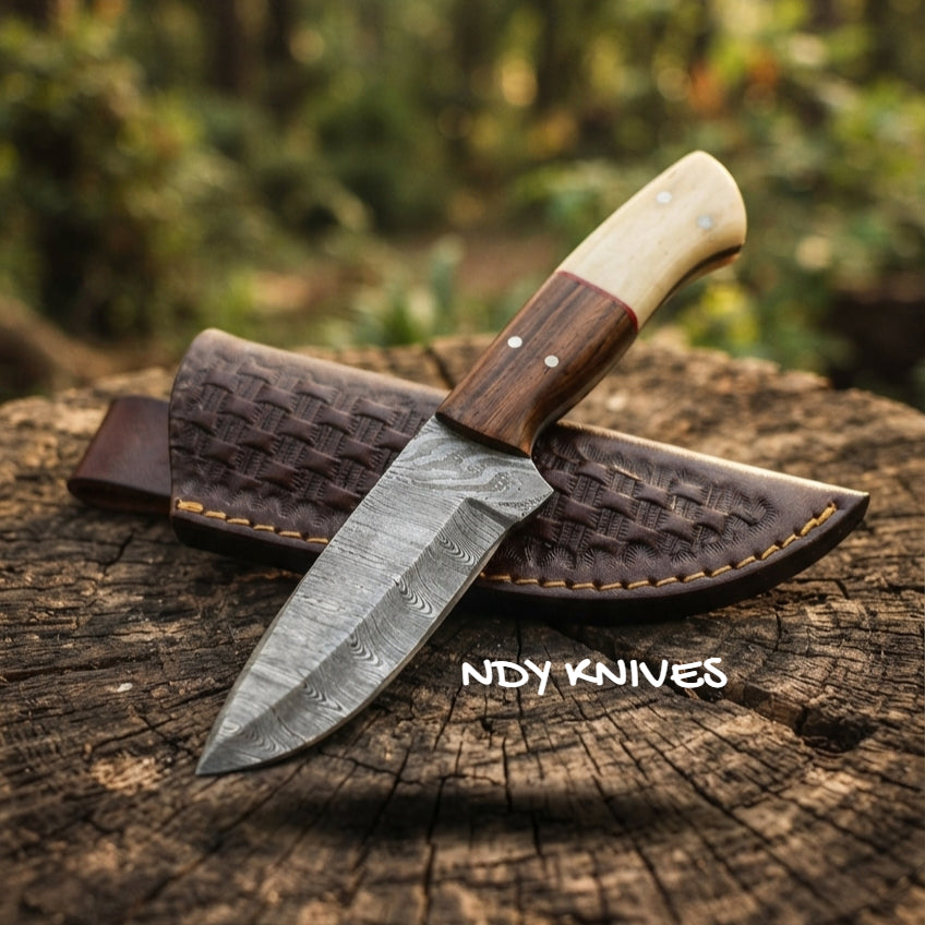 9" Damascus Steel Skinning Knife – Fixed Blade Skinner with Rosewood & Camel Bone