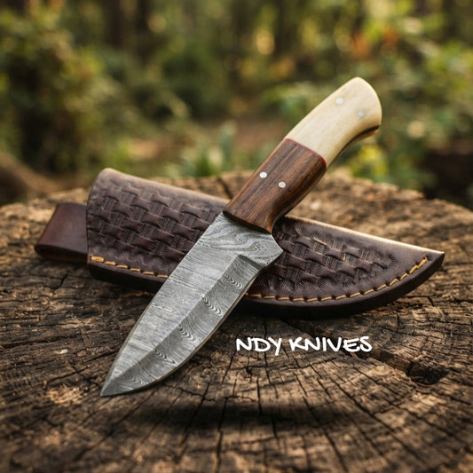 9" Damascus Steel Skinning Knife – Fixed Blade Skinner with Rosewood & Camel Bone